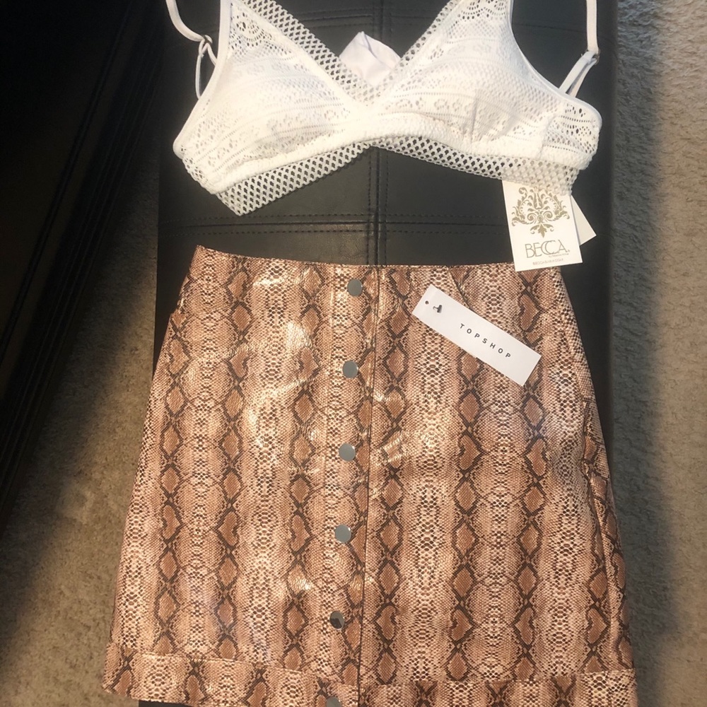 White bikini top and pattern skirt